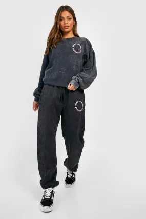 Acid Wash Circle Back Print Sweater Tracksuit