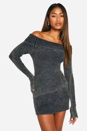 Acid Wash Off The Shoulder Asymmetric Hemline Rib Knit Sweater