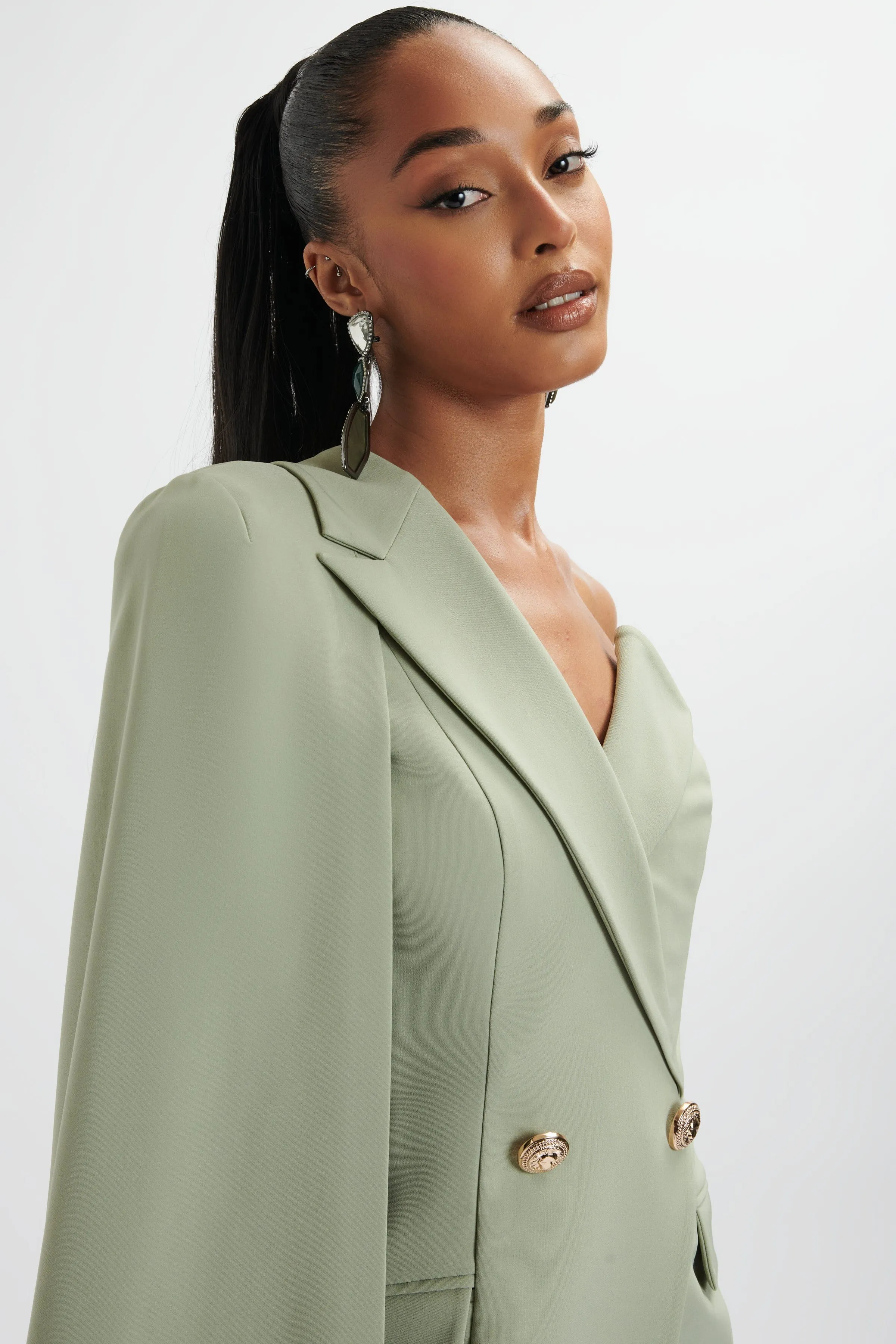 AIRE One Shoulder Cape Blazer Dress in Sage Green