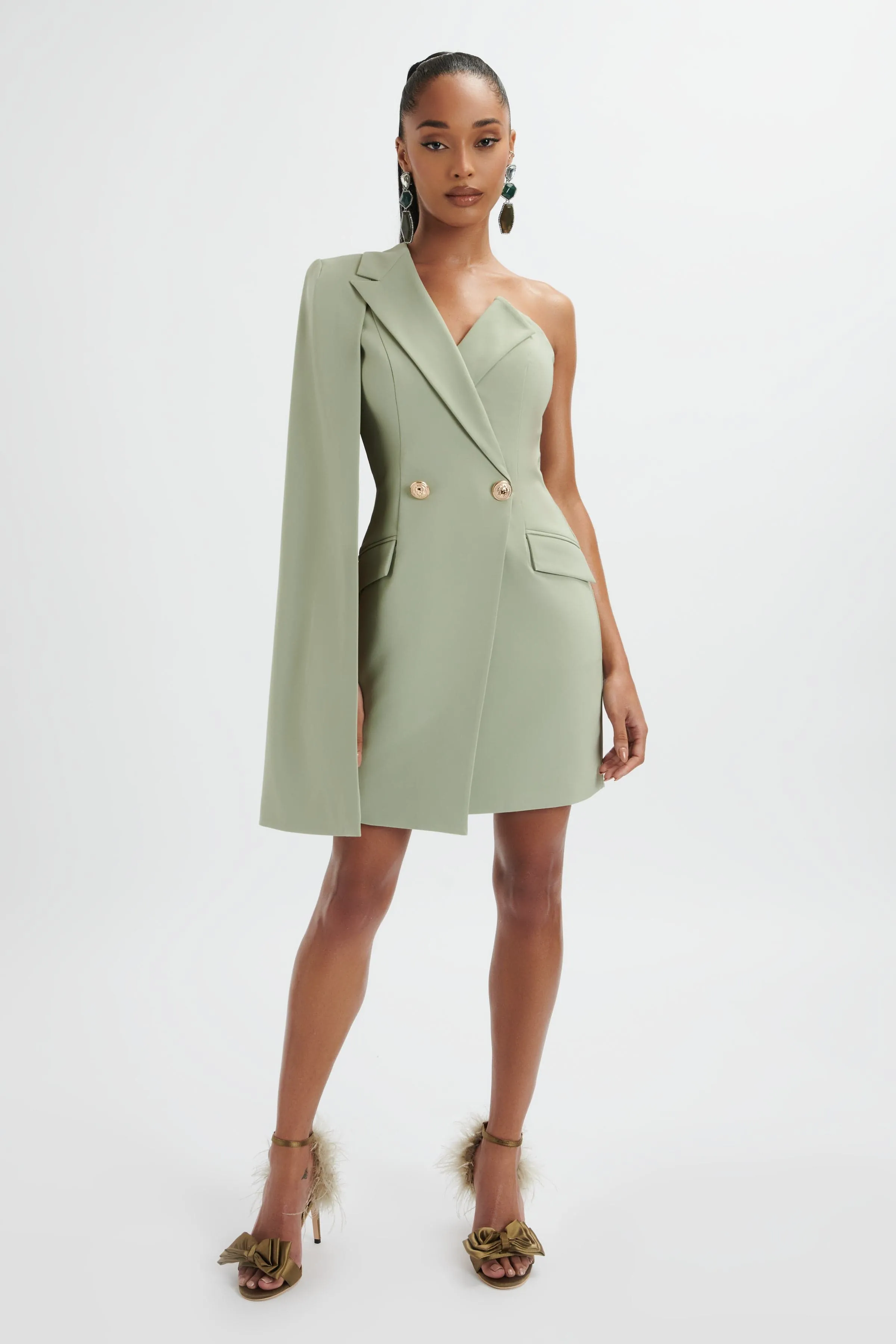 AIRE One Shoulder Cape Blazer Dress in Sage Green