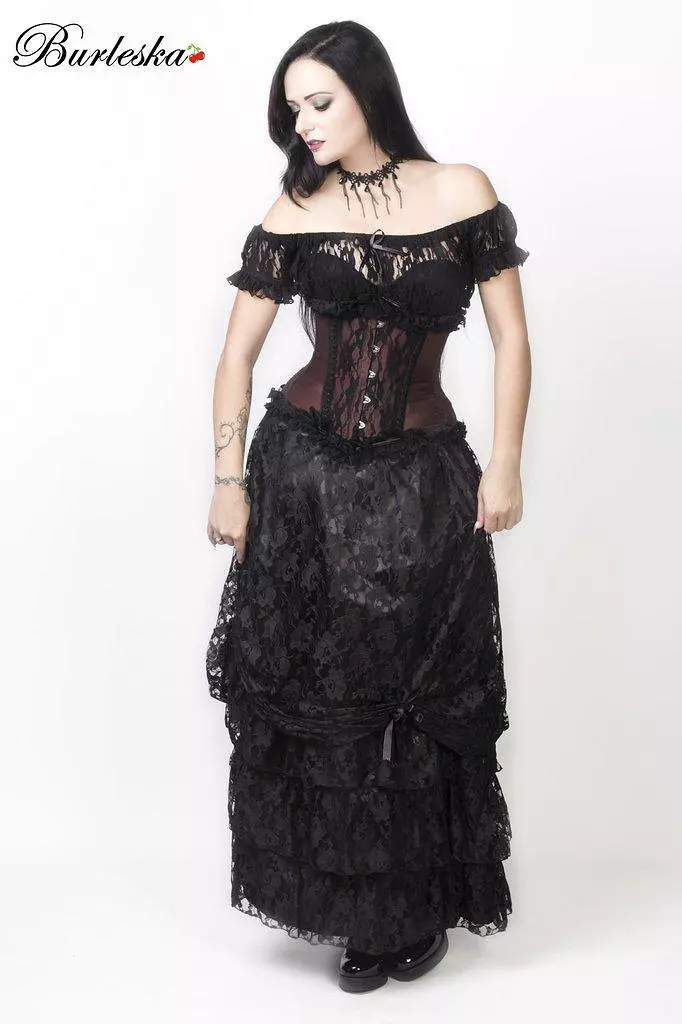 Alexandra Long Victorian Skirt In Black Satin With Black Lace Overlay