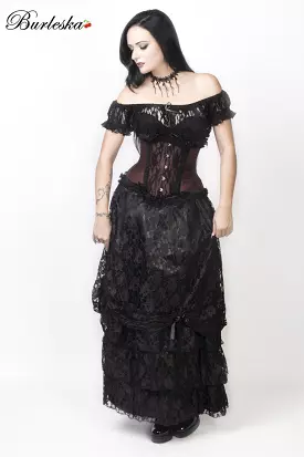 Alexandra Long Victorian Skirt In Black Satin With Black Lace Overlay