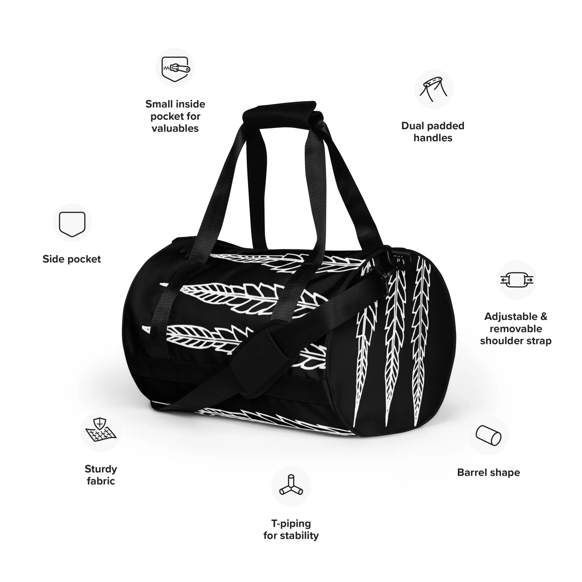 All-over print gym bag – Feathered Leaves