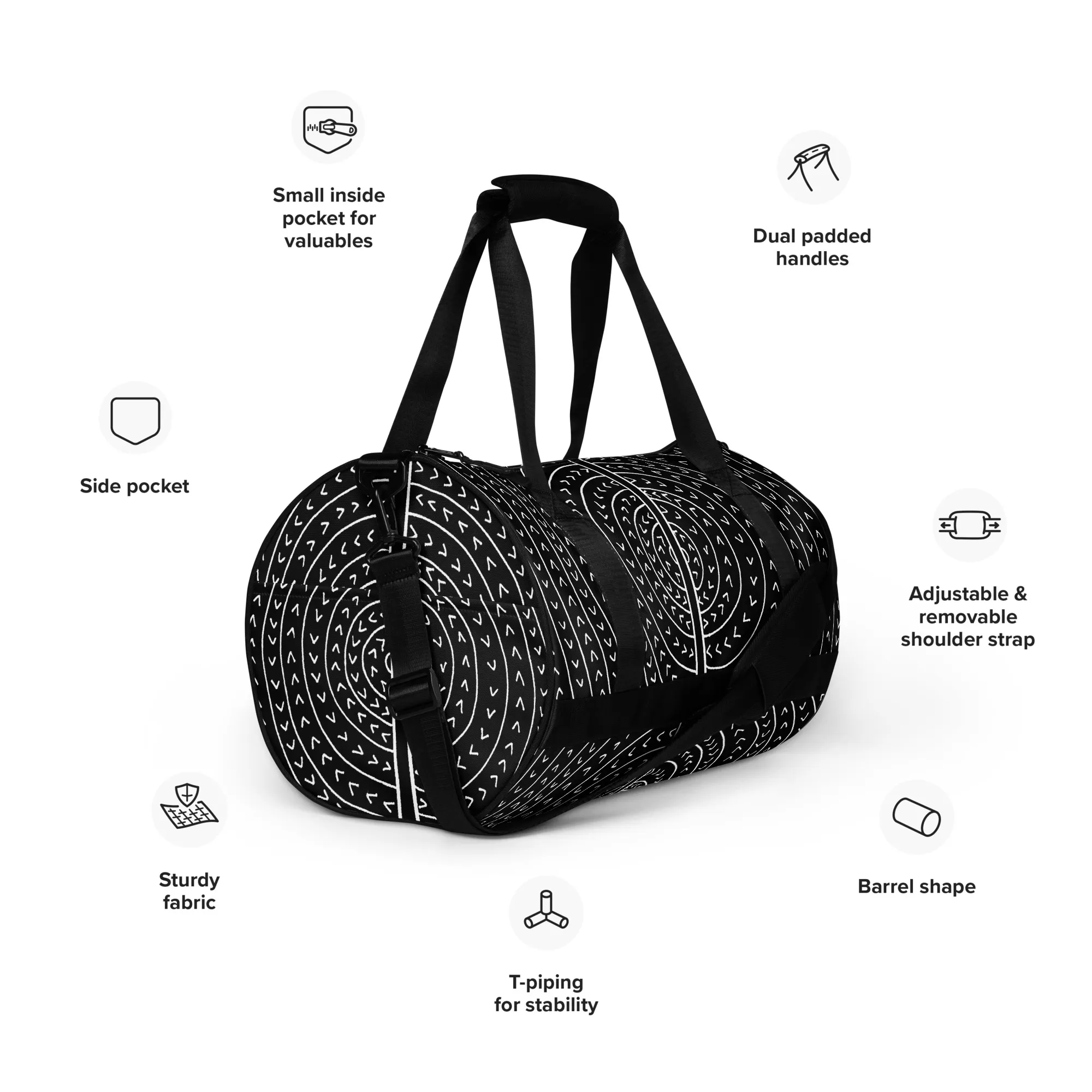 All-over print gym bag – The Vowel O