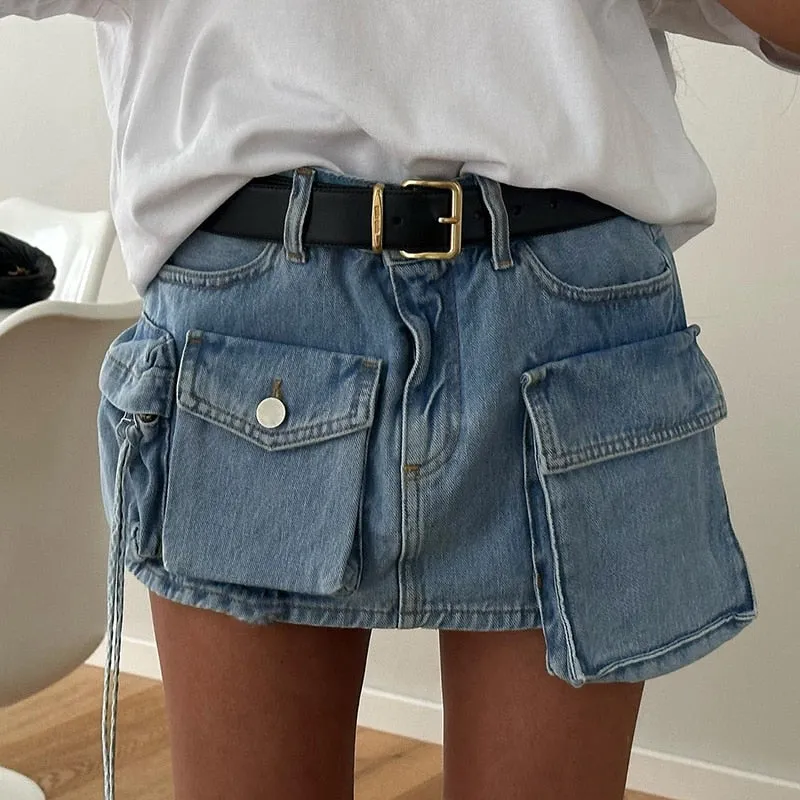 Ashore ShopWomen Asymmetrical Pockets Denim Skirts Sexy Fashion High Waist Skirts Female Clubwear Concise Y2K All-match Outfits