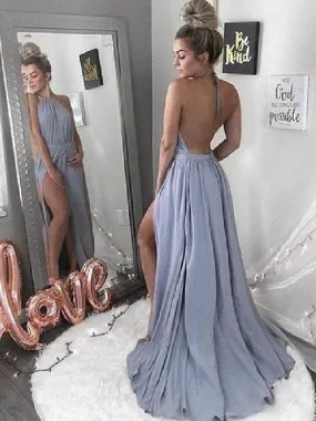 Backless Blue Halter Neck Long Simple Prom Dress