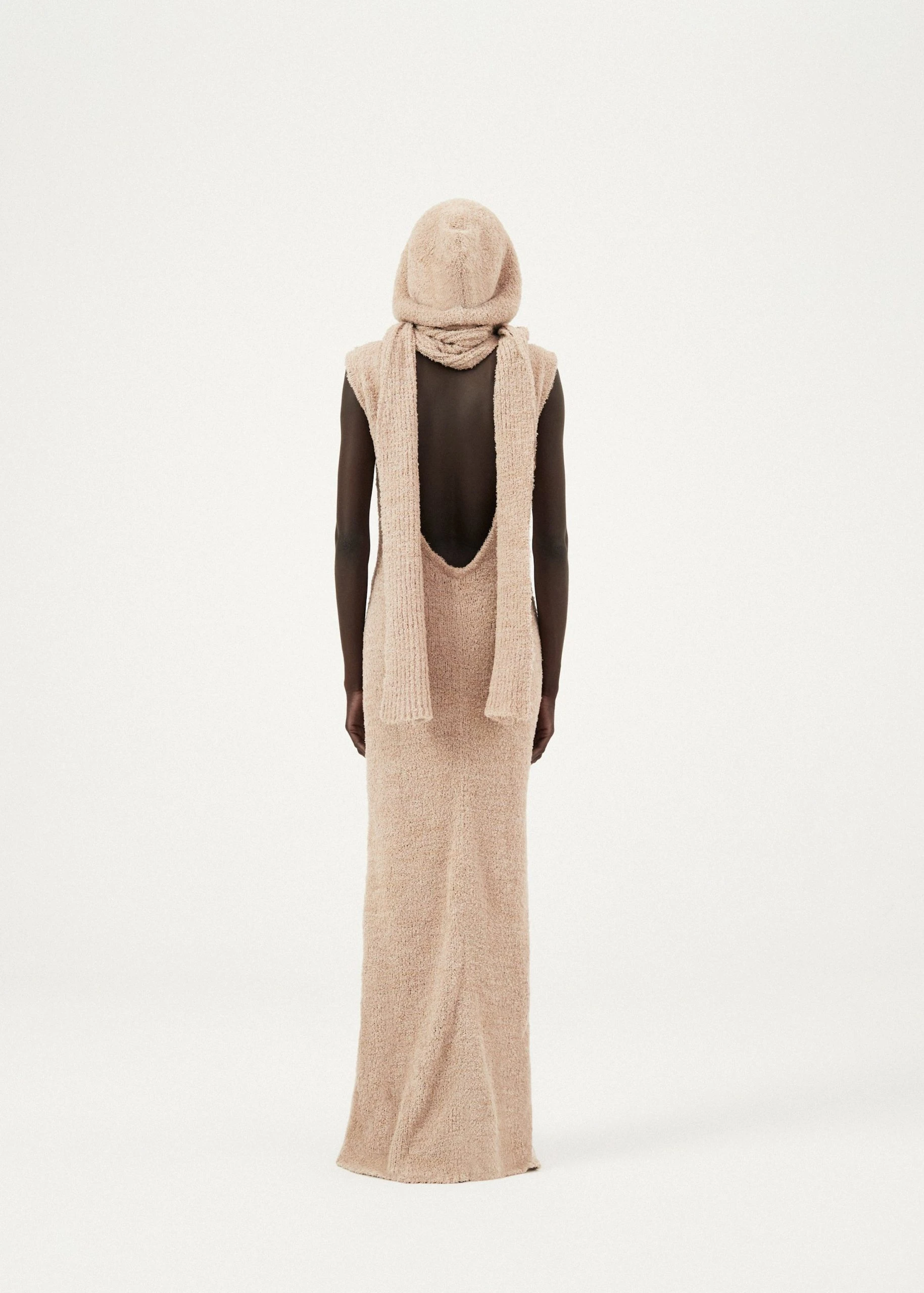 --Backless bouclé knit maxi dress in beige-