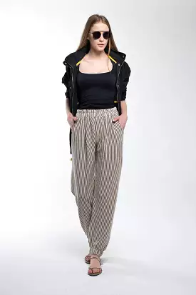 Bee And Alpaca Striped Linen Pants With Elastic Legs