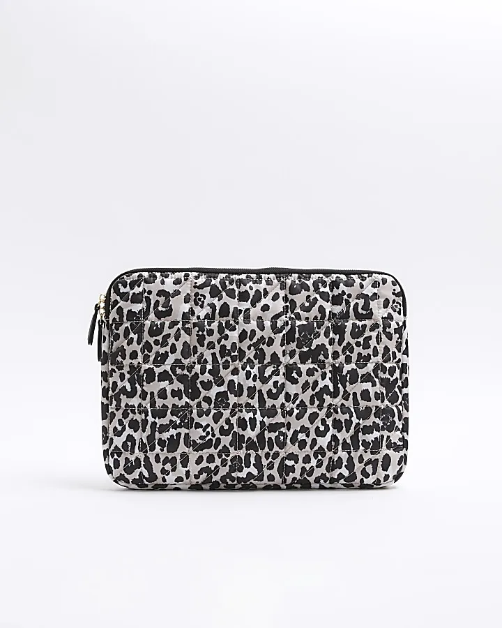 Beige quilted leopard print laptop bag