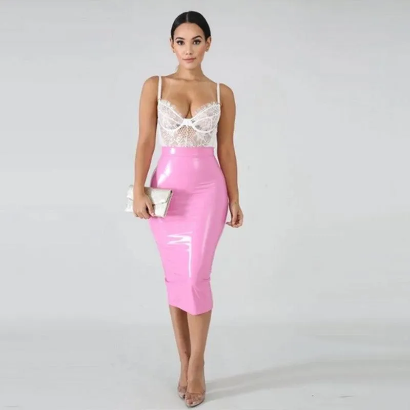 Bodycon PVC Patent Leather Back Zip PU Business Midi Skirt