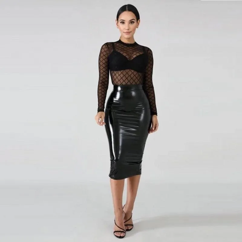 Bodycon PVC Patent Leather Back Zip PU Business Midi Skirt