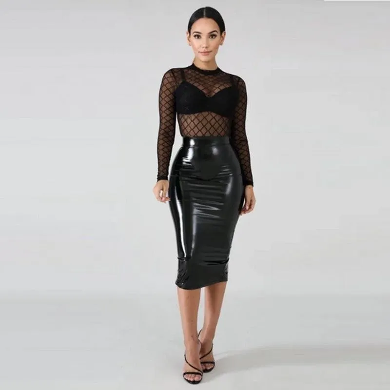 Bodycon PVC Patent Leather Back Zip PU Business Midi Skirt