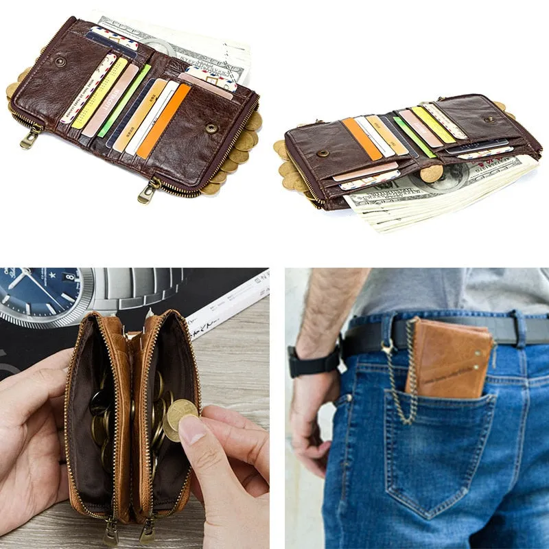 Casual Genuine Leather Men's Wallet Multifunctional Double Zipper Coin Purse