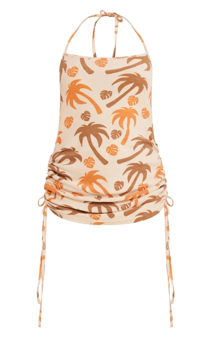 Cream Leaf Print Toweling Backless Beach Dress