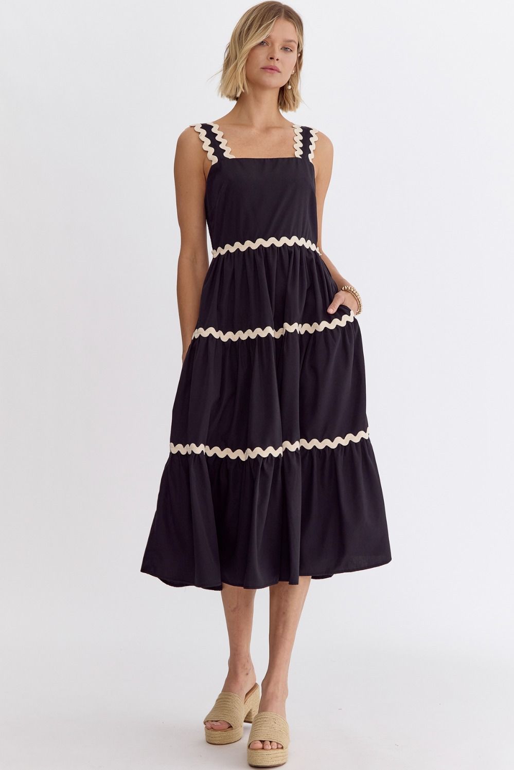 Entro Square Neck Sleeveless Midi Dress With Rick Rack Trim