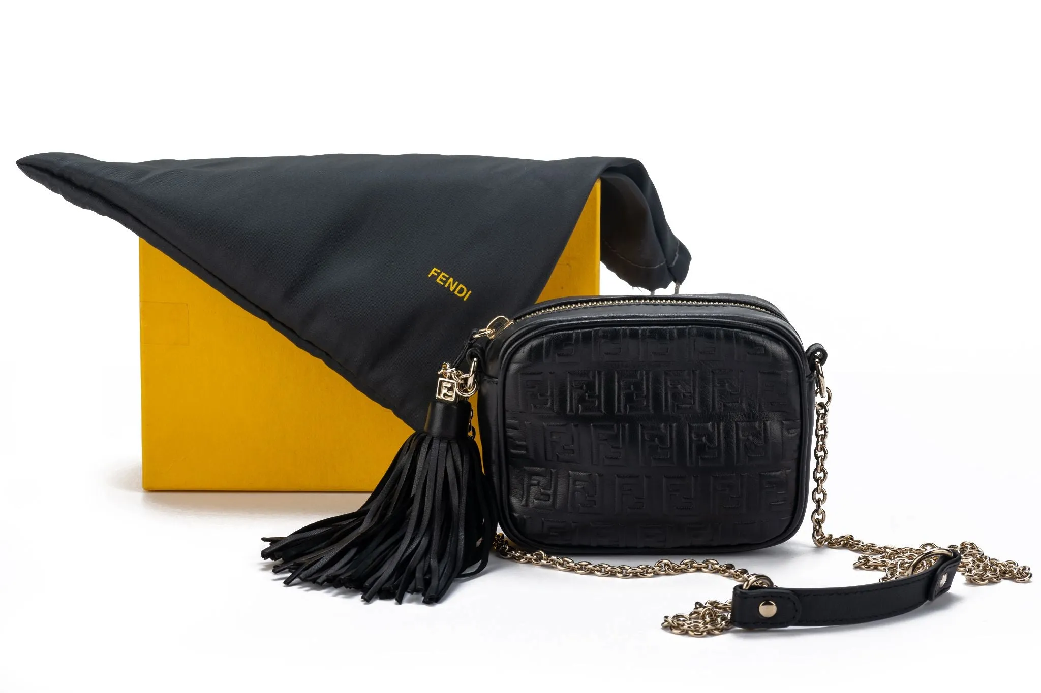 Fendi Black Embossed Camera Bag W Tassel