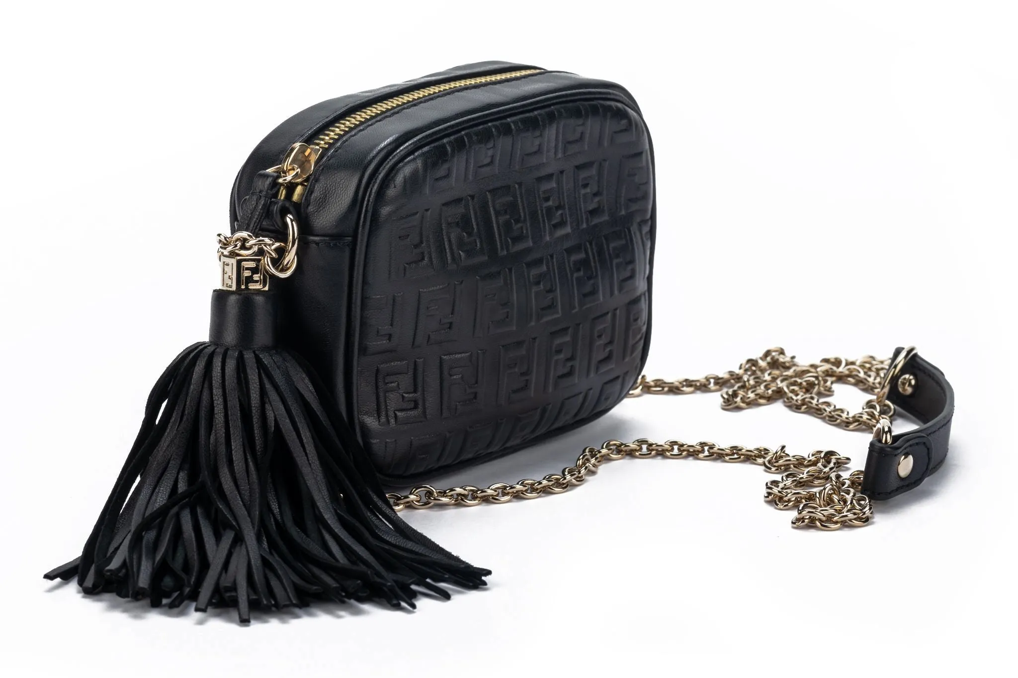 Fendi Black Embossed Camera Bag W Tassel