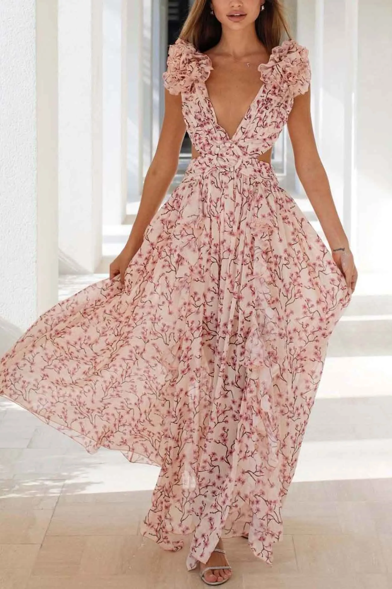 Floral V Neck Ruffled Cutout Backless Dress