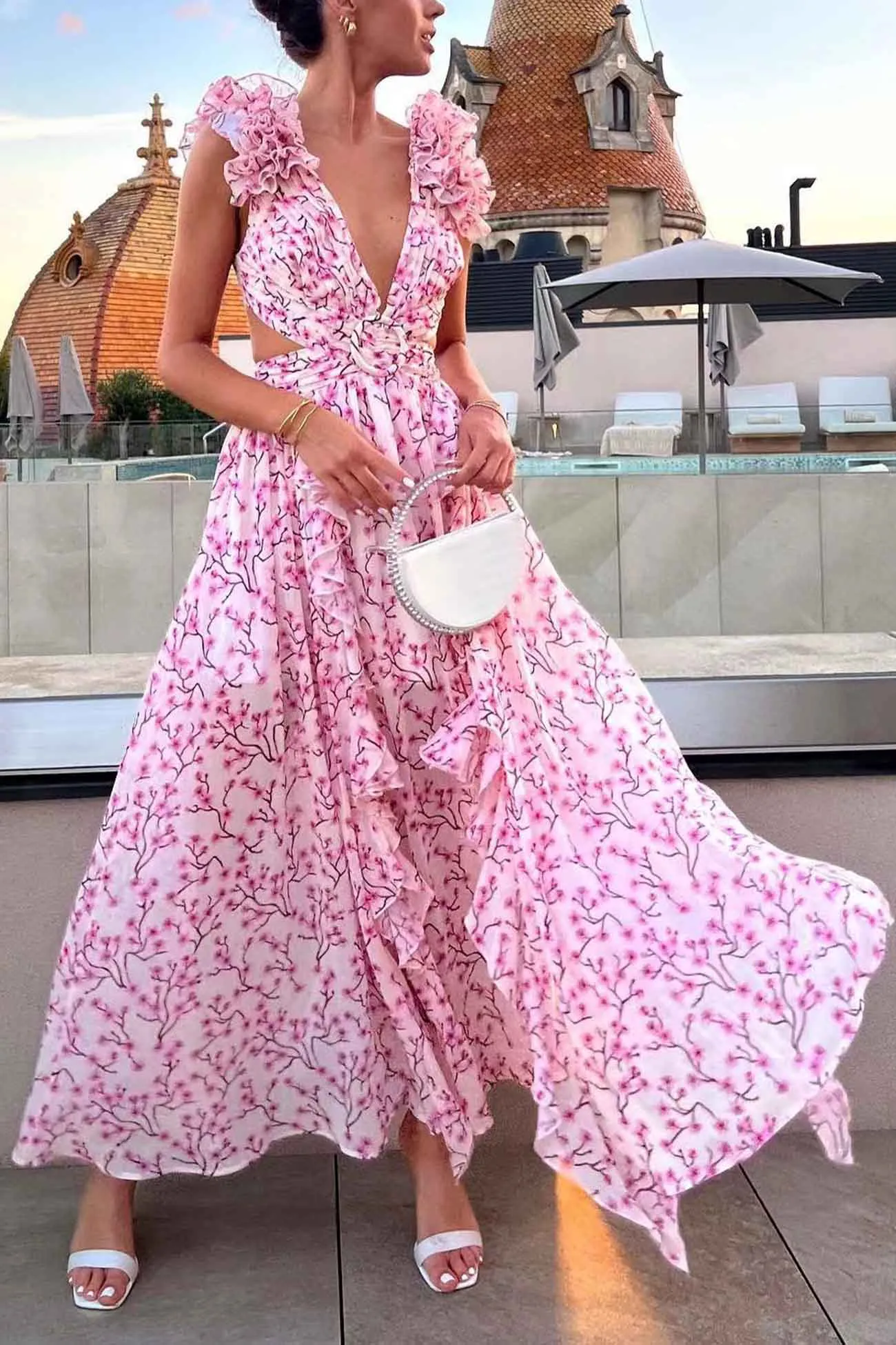 Floral V Neck Ruffled Cutout Backless Dress