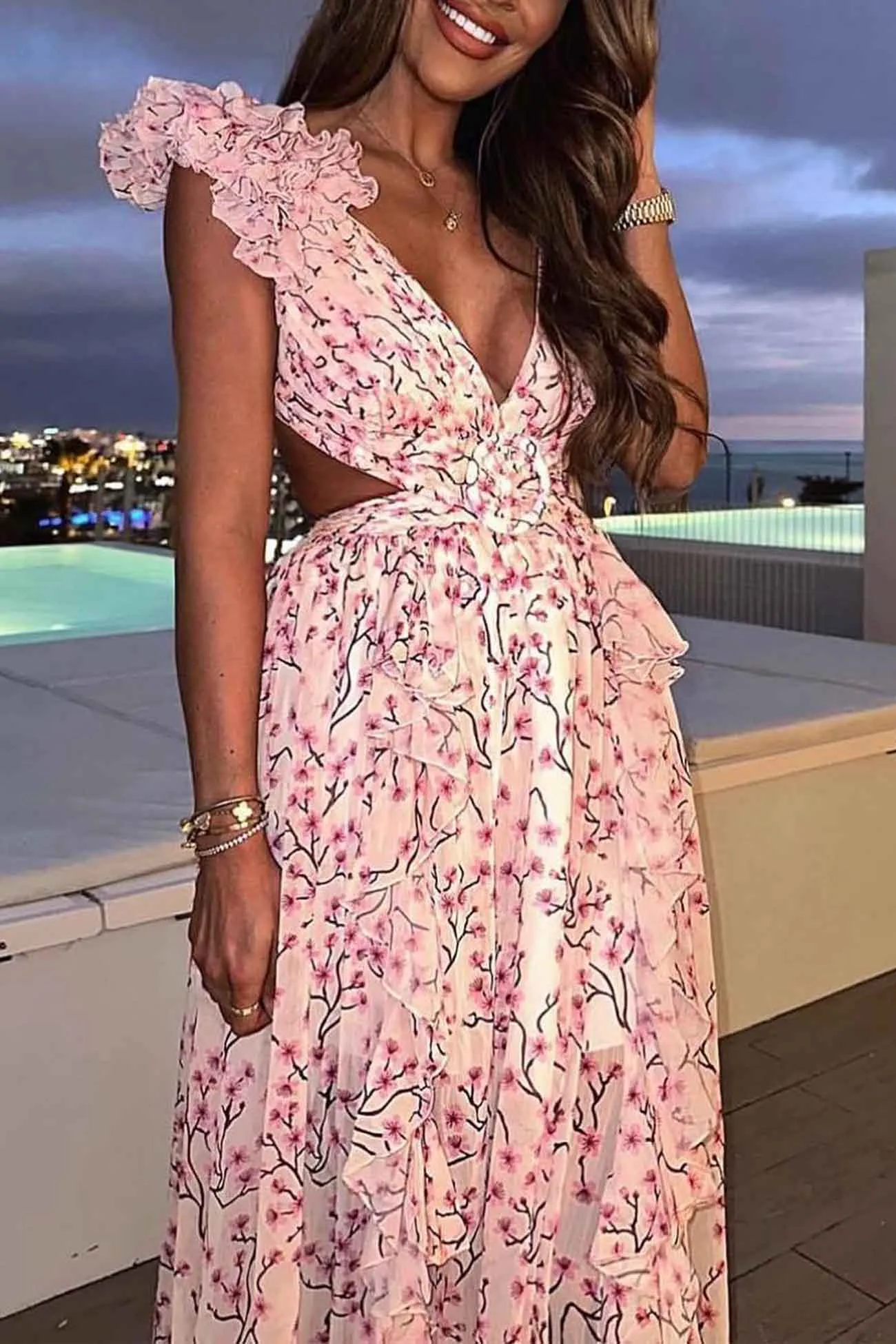 Floral V Neck Ruffled Cutout Backless Dress