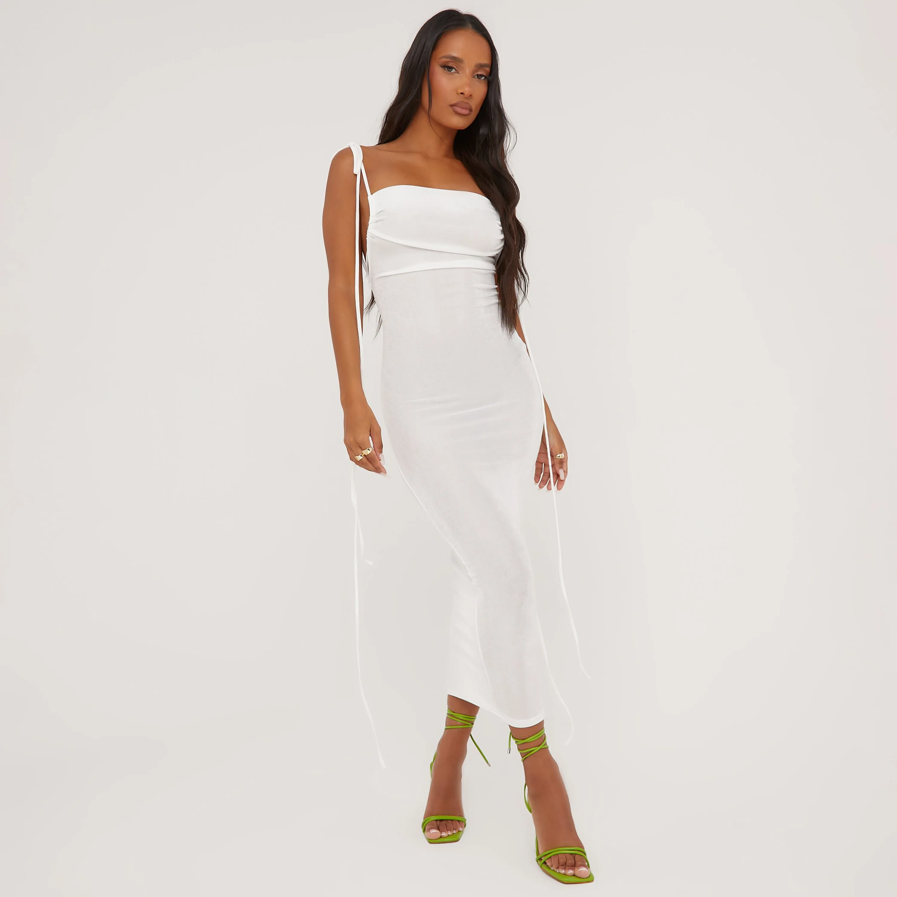 Halterneck Tie Detail Backless Maxi Dress In Cream Slinky