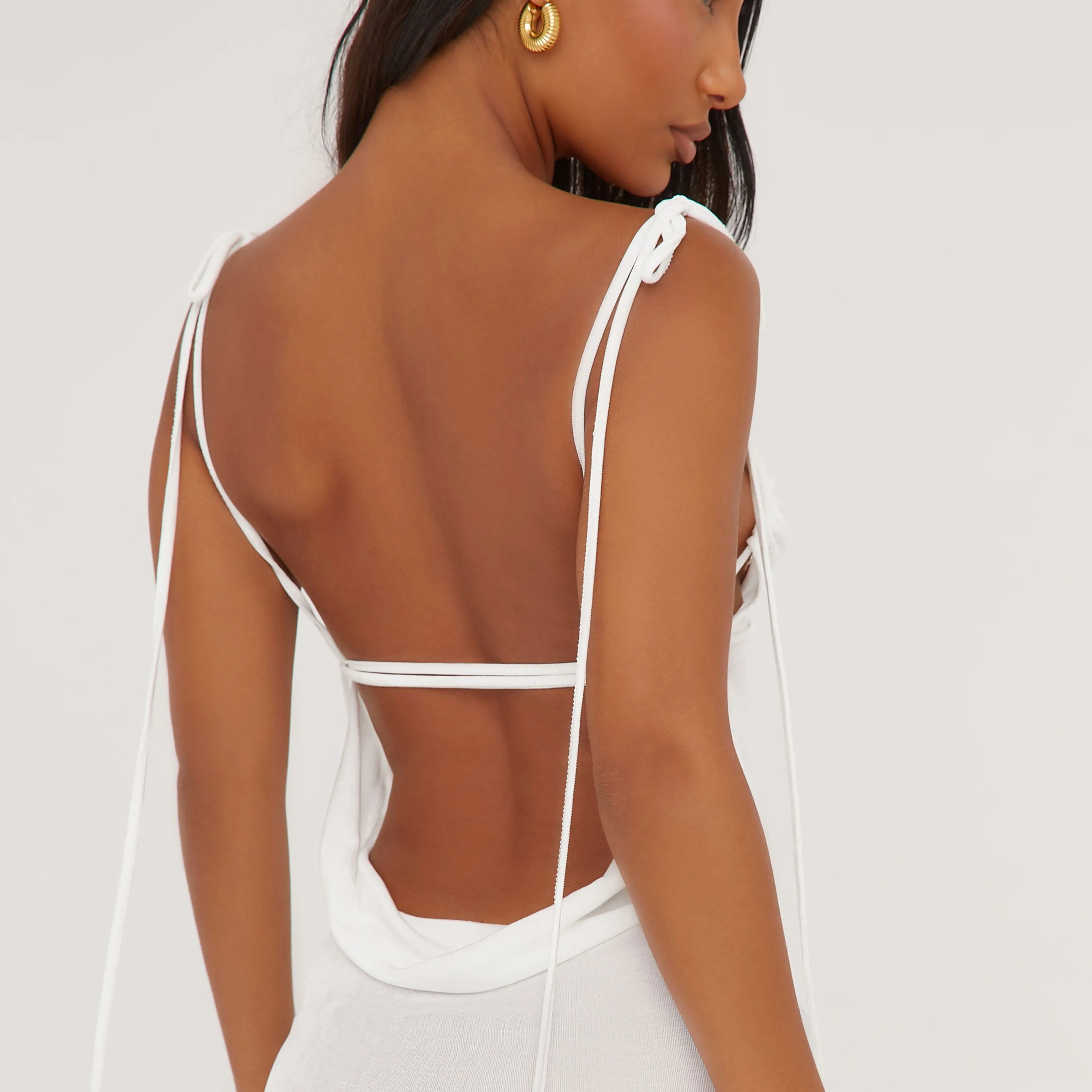 Halterneck Tie Detail Backless Maxi Dress In Cream Slinky