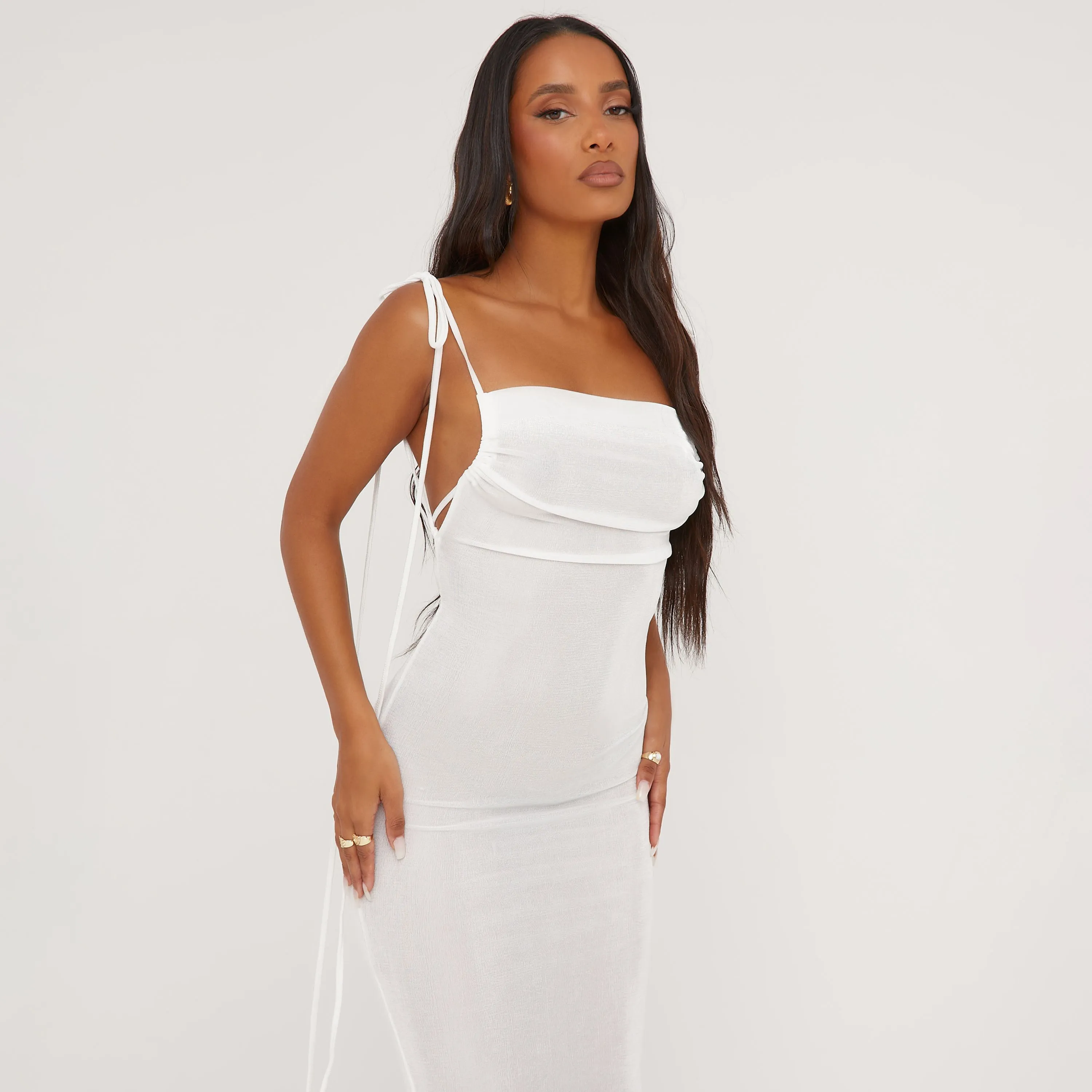 Halterneck Tie Detail Backless Maxi Dress In Cream Slinky