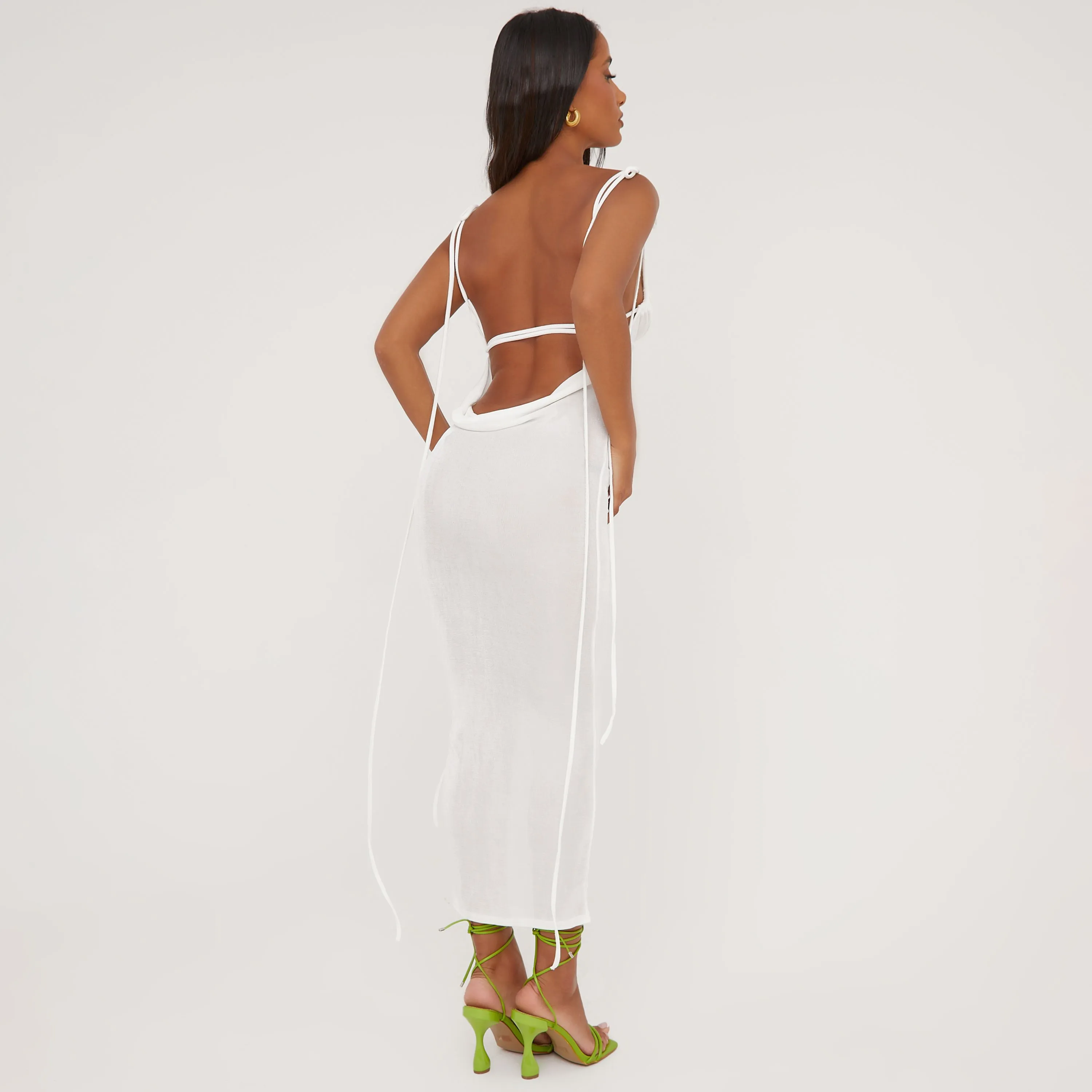 Halterneck Tie Detail Backless Maxi Dress In Cream Slinky