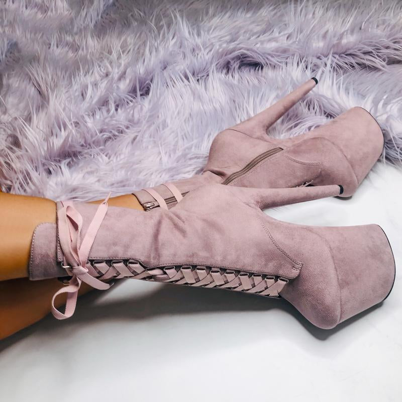 Hella Heels High BabyDoll 8inch Boots - Lilac Mink