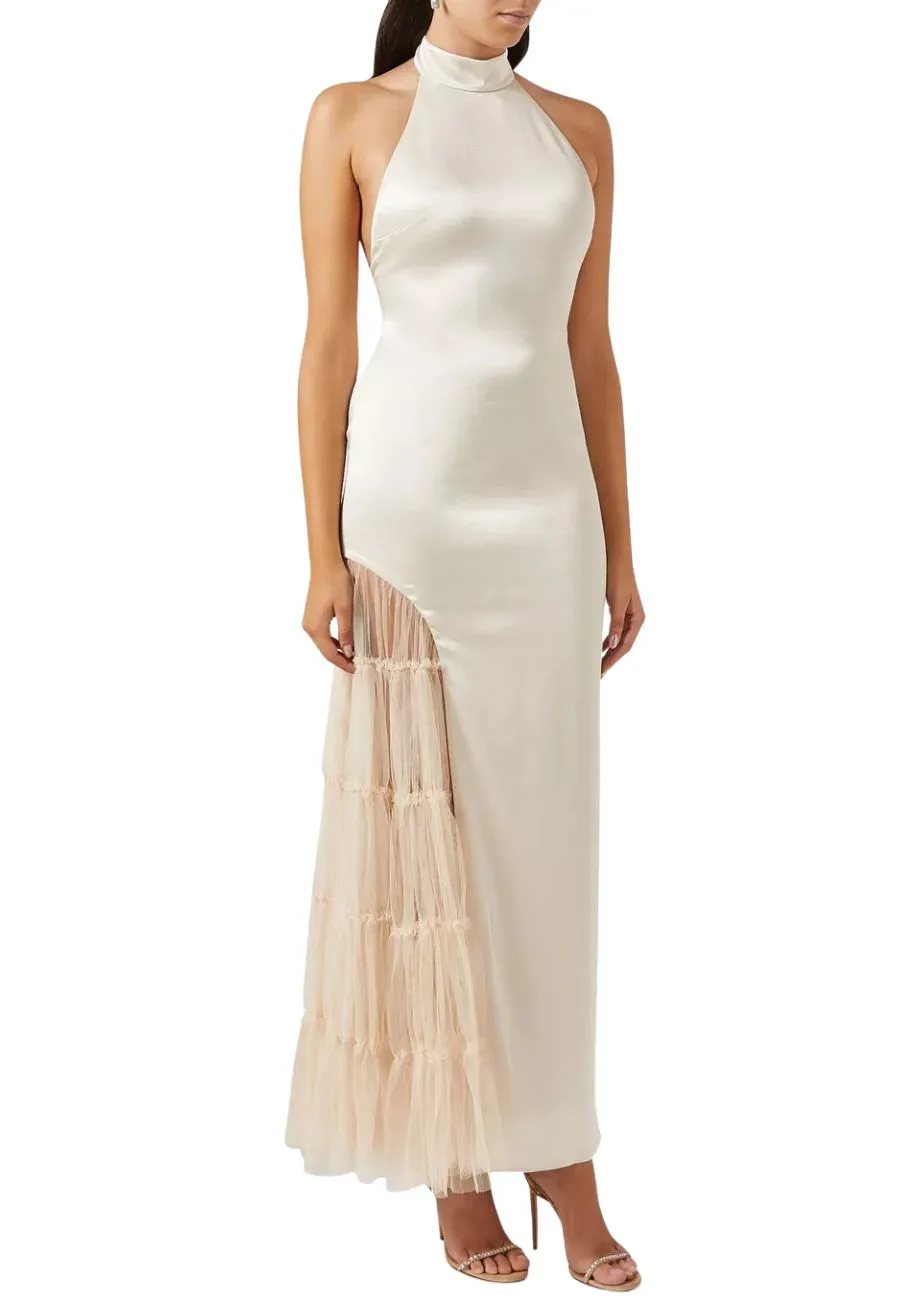 Ivory Ryan Satin and Tulle Backless Maxi Dress