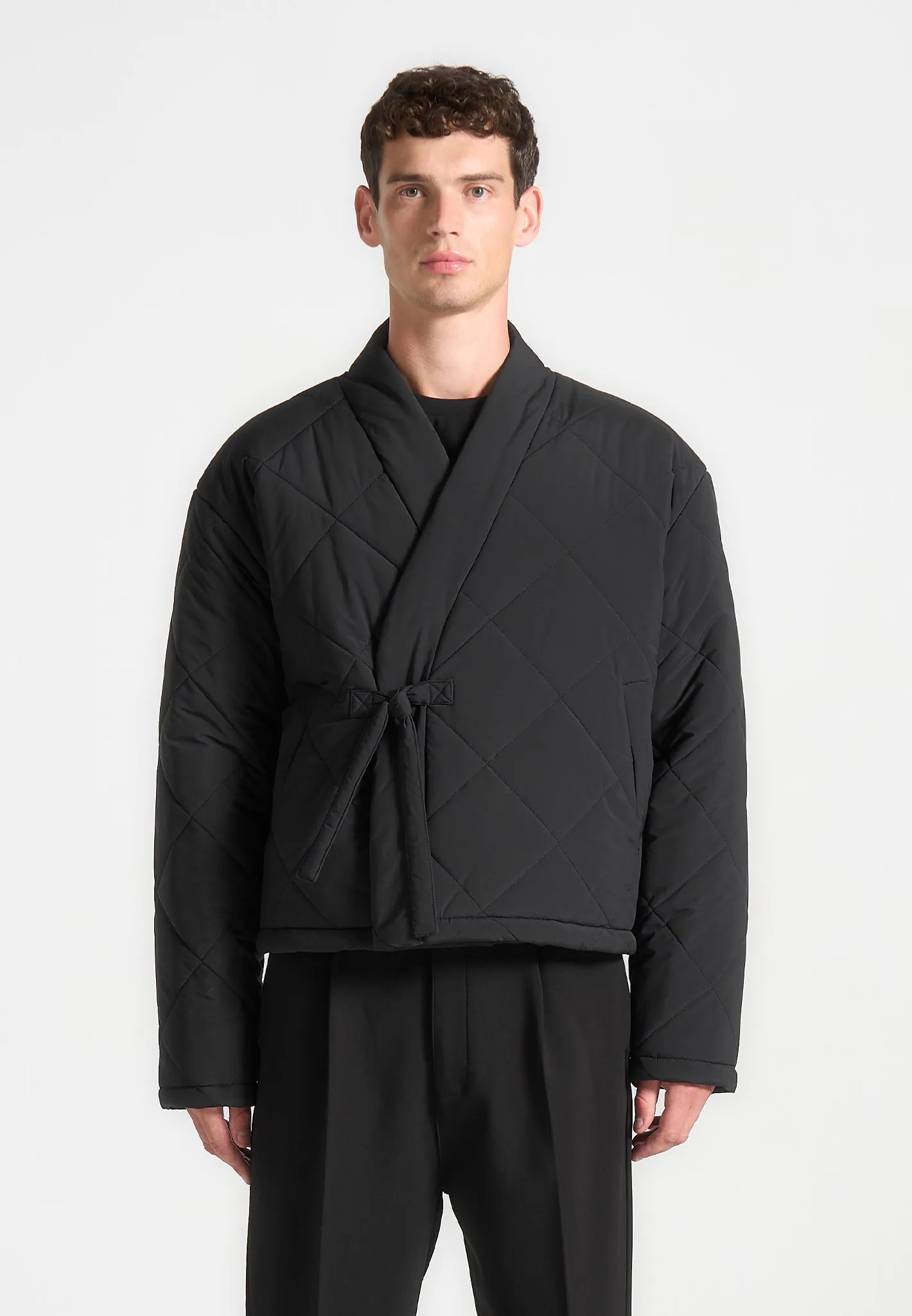 Kimono Quilted Wrap Puffer Jacket - Black