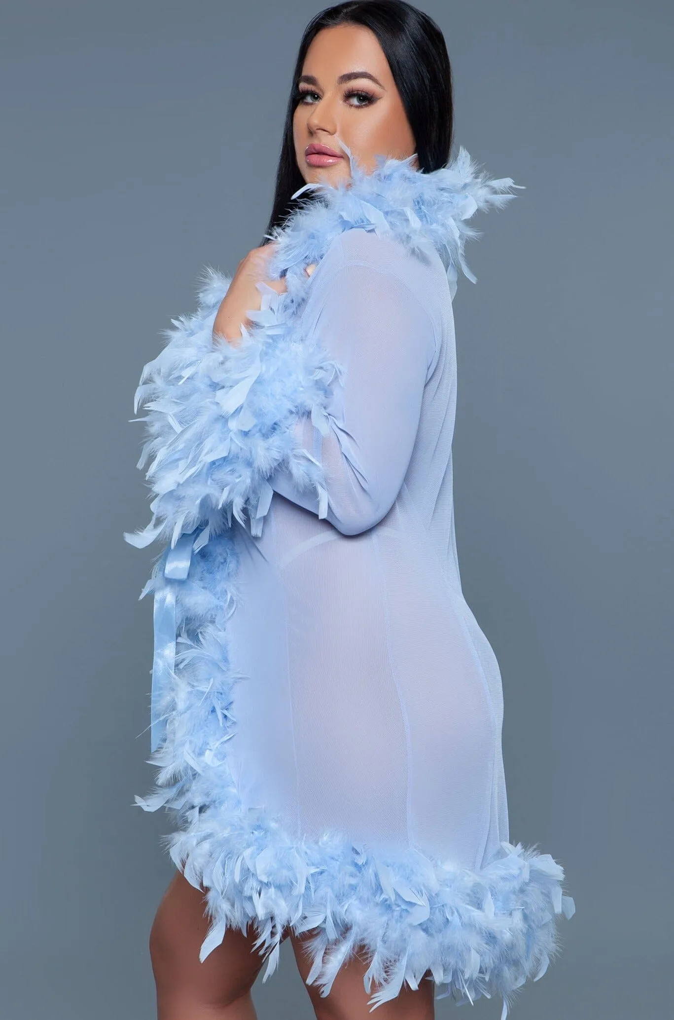 Knee Length Feather Robe With Ribbon Ties