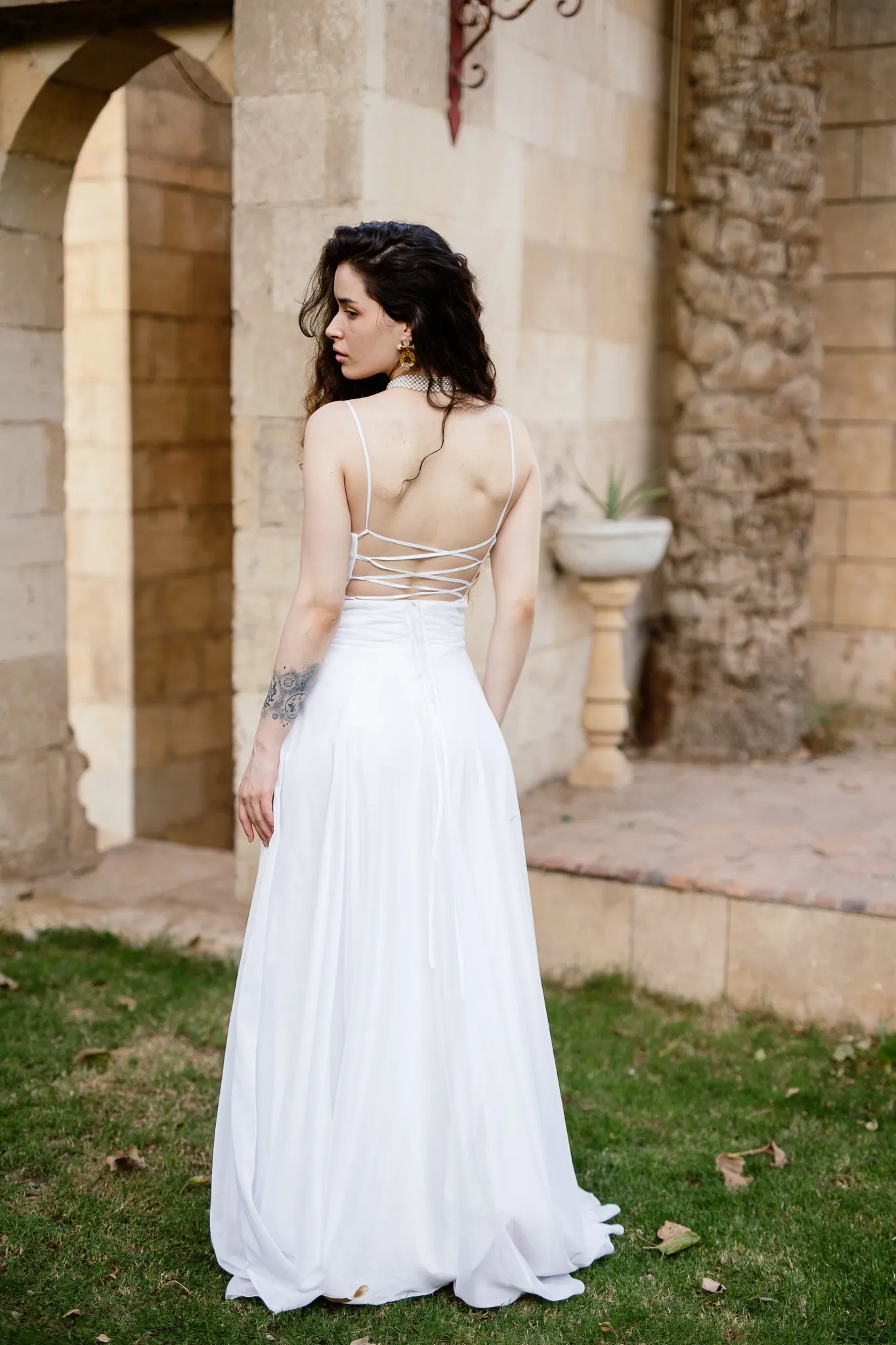 Long backless dress in White