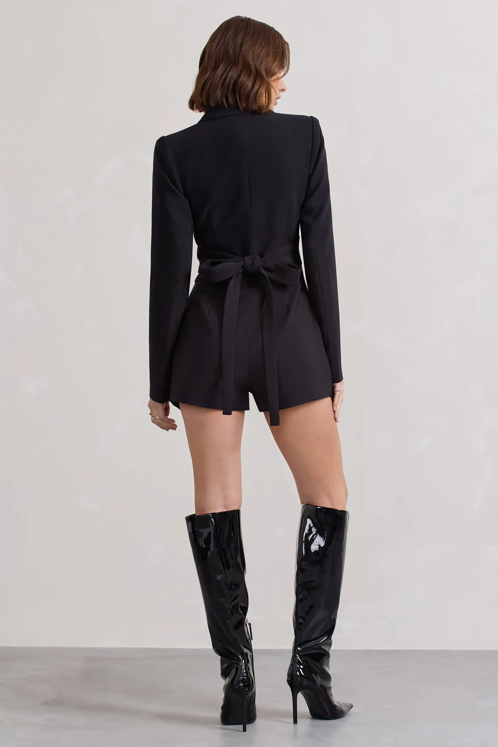 Madison | Black Plunge Tie Waist Tailored Playsuit