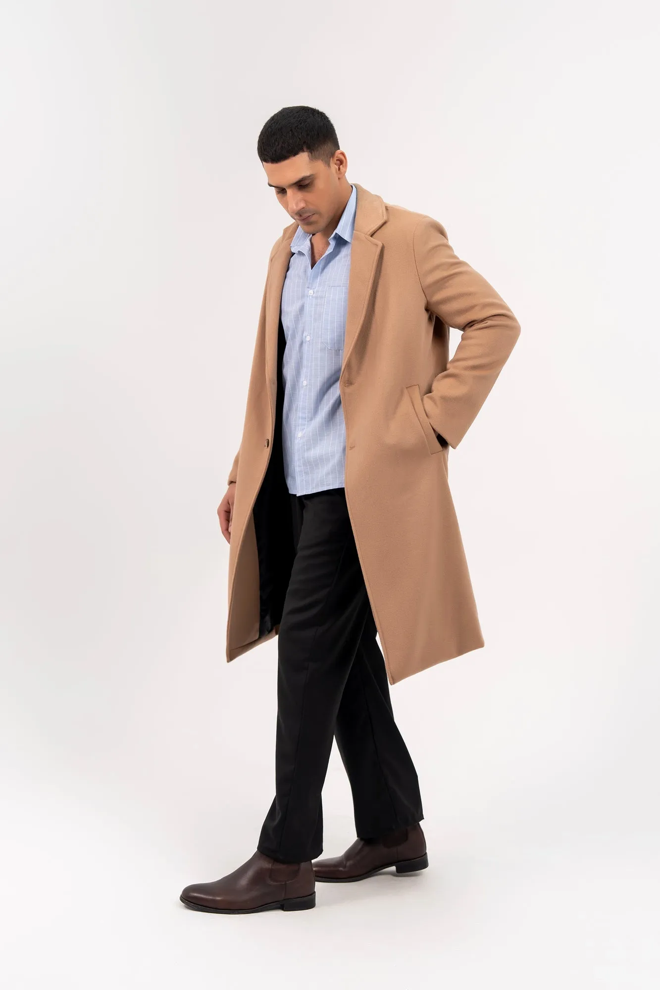 Men's Long Wool Coat - Camel