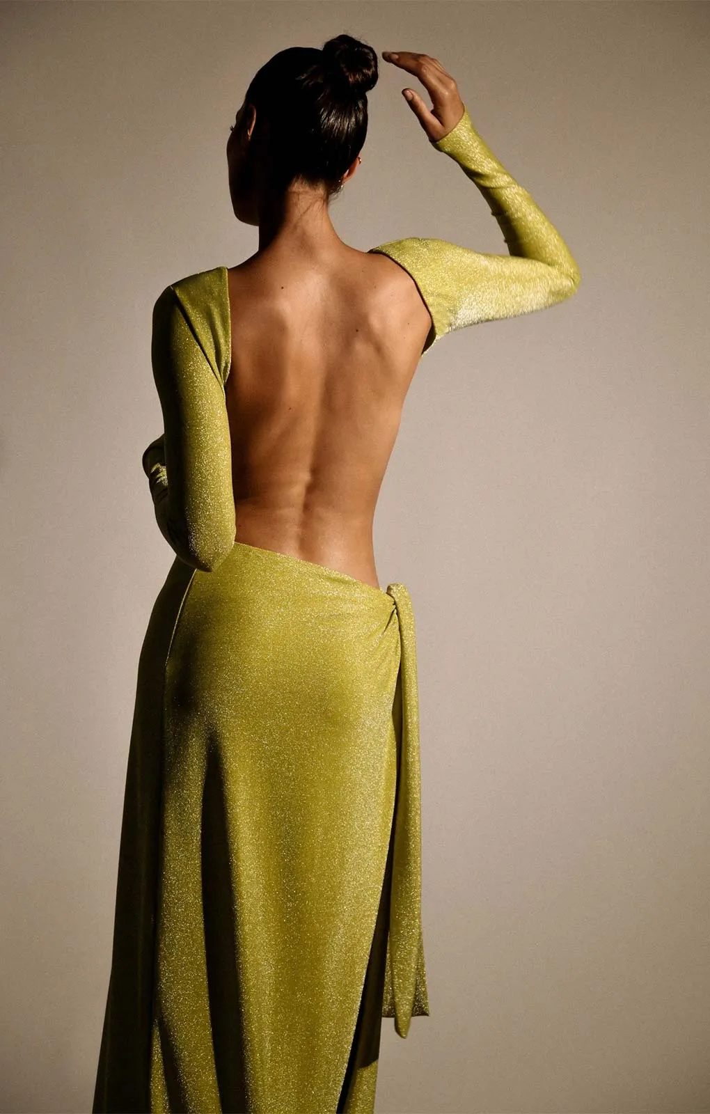 Meshki Green Shimmer Christina Backless Maxi Wrap Dress