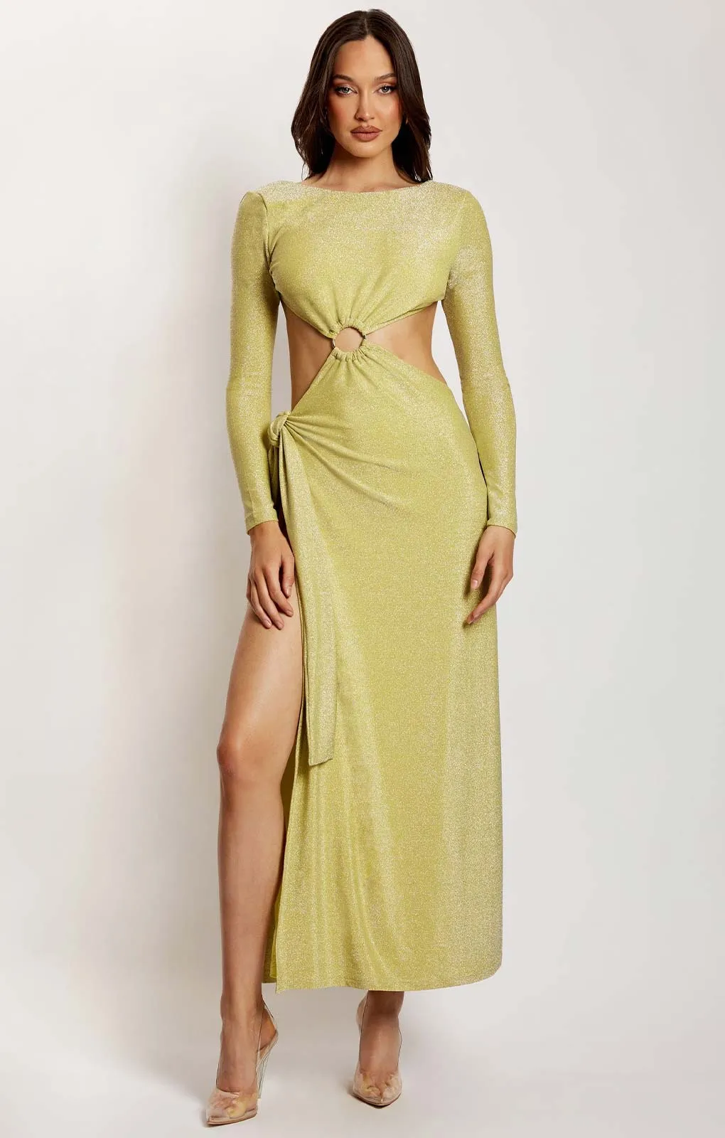 Meshki Green Shimmer Christina Backless Maxi Wrap Dress