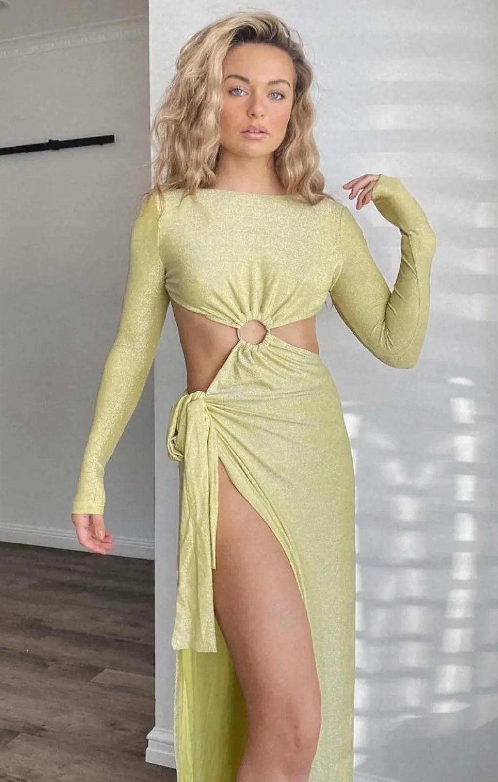 Meshki Green Shimmer Christina Backless Maxi Wrap Dress