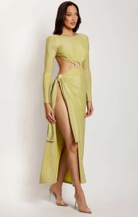 Meshki Green Shimmer Christina Backless Maxi Wrap Dress