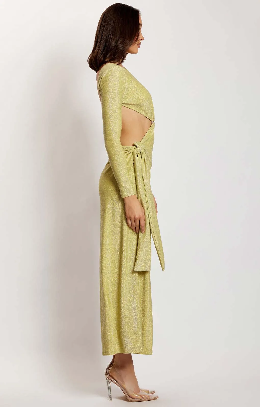 Meshki Green Shimmer Christina Backless Maxi Wrap Dress