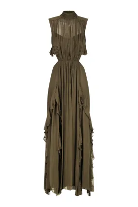 --Oden Backless Frill Maxi Dress – Olive-