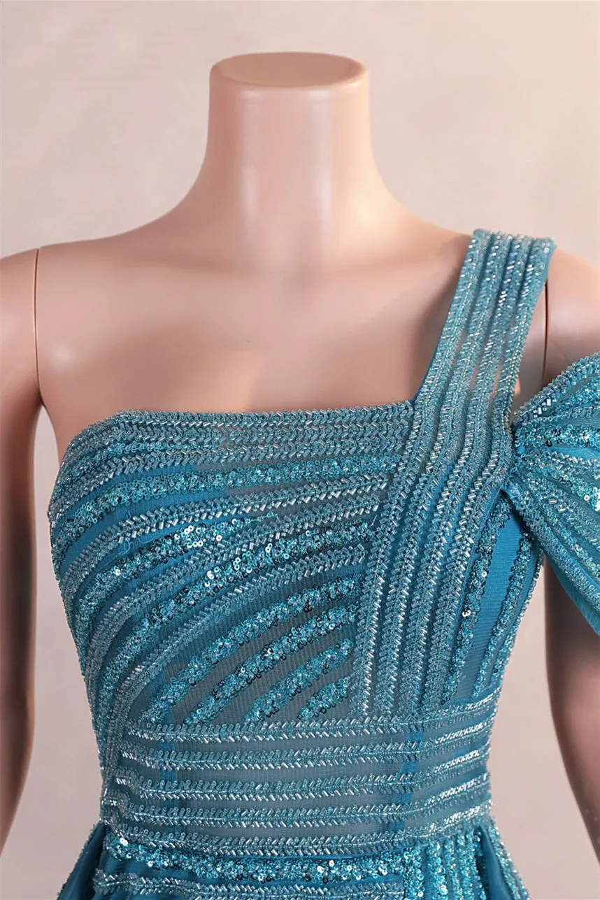 One-Shoulder Beading Sweep Train Backless Evening Dress