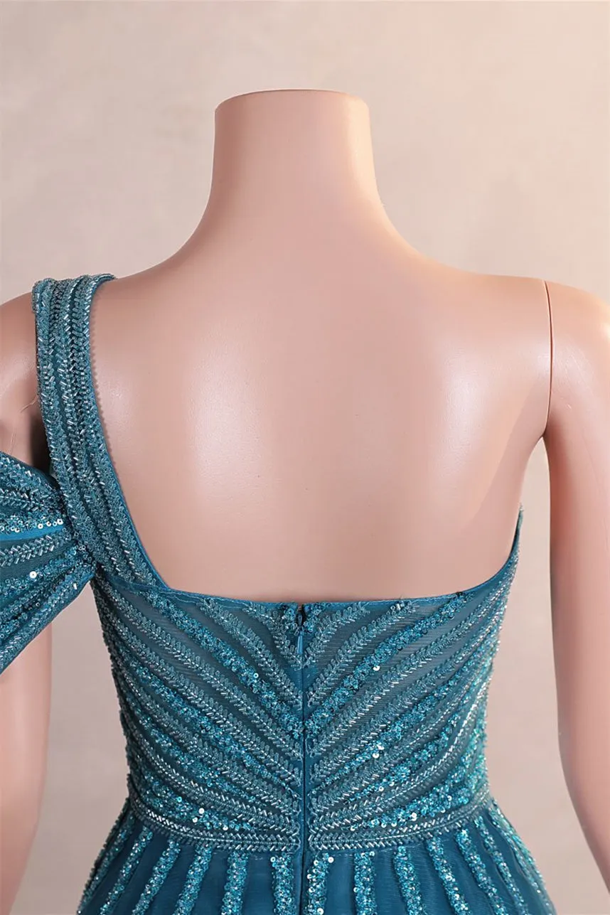 One-Shoulder Beading Sweep Train Backless Evening Dress