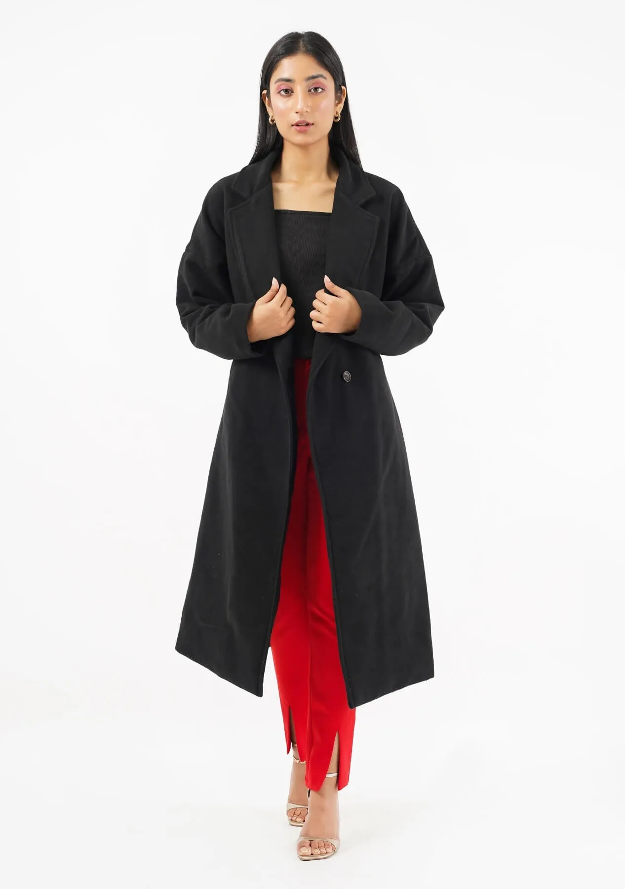 Oversized Belted Wool Coat - black