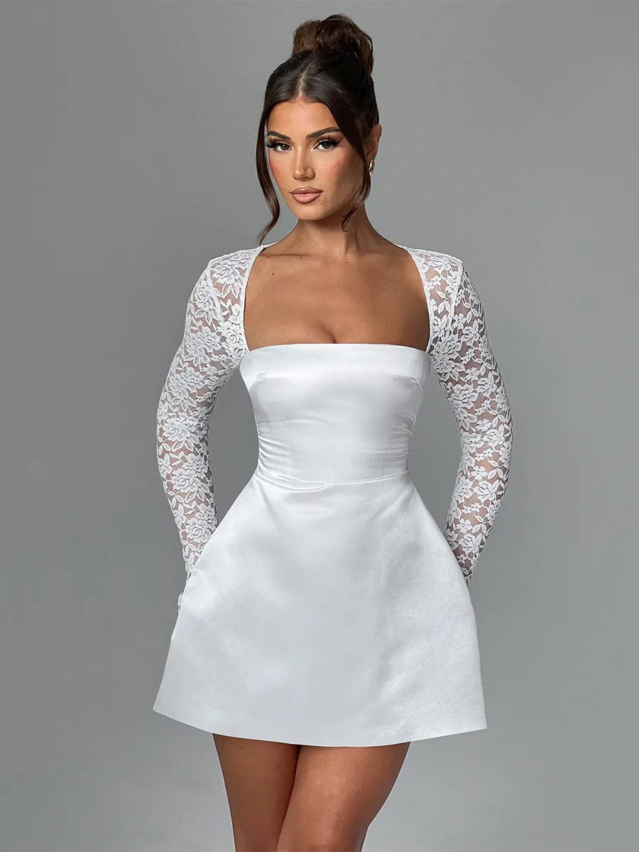 Party Dress IIlusion Lace Sleeves Designed Neckline Backless Short Dress