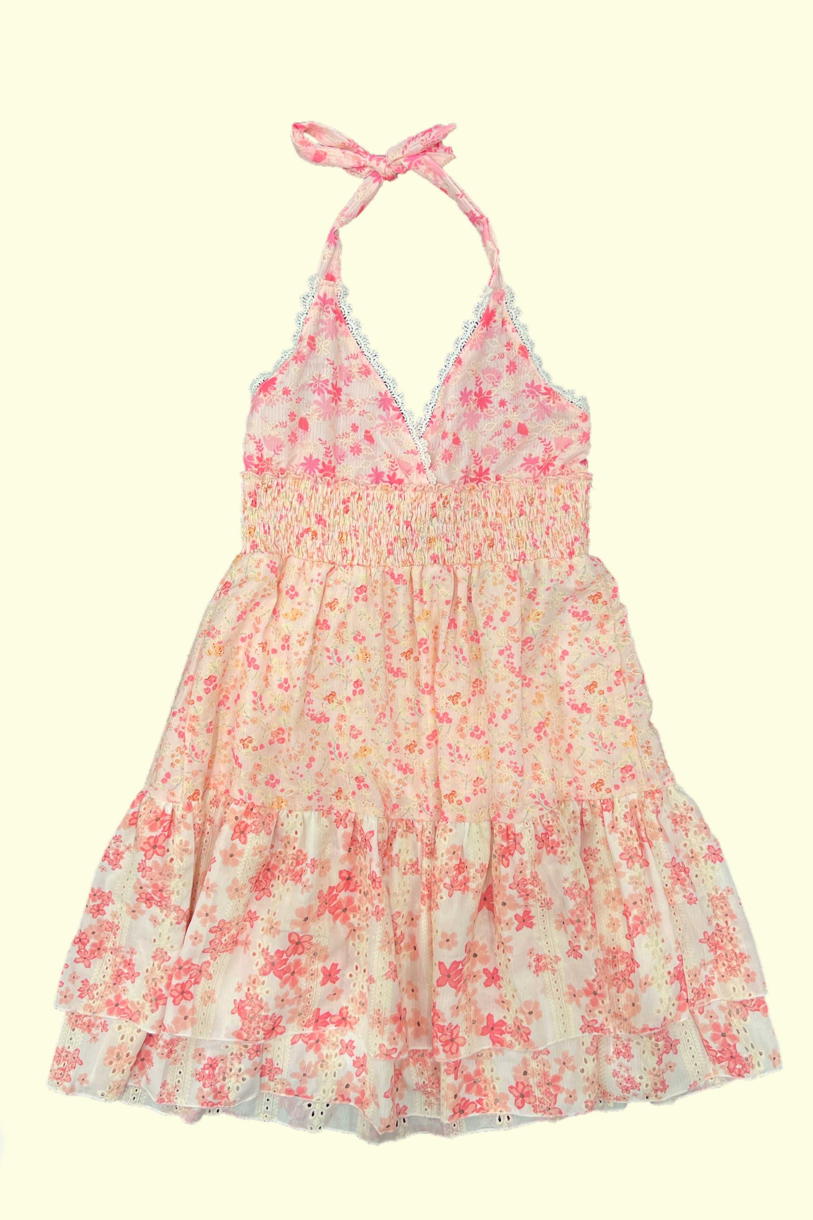 Pink Floral Eyelet Halter Dress