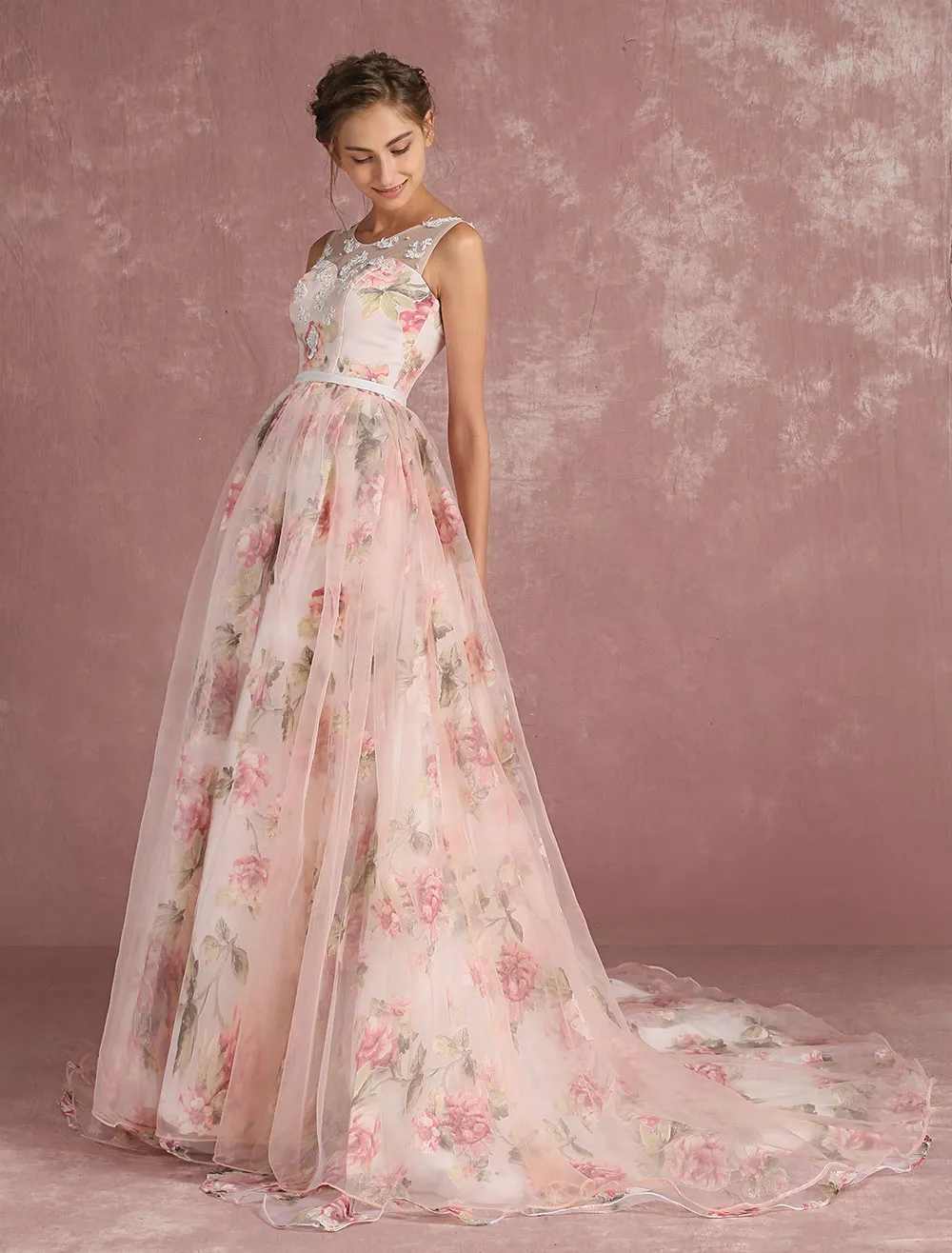 Pink Prom Dress 2024 Long Floral Print Organza Pageant Dress Backless Chapel Train Party Dress Free Customization