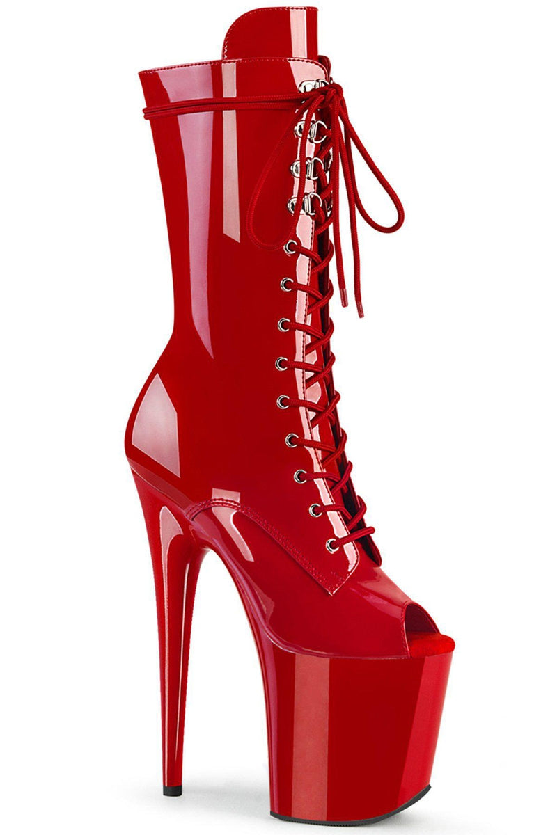 Pleaser USA Flamingo-1051 8inch Peep Toe Pleaser Boots - Patent Red