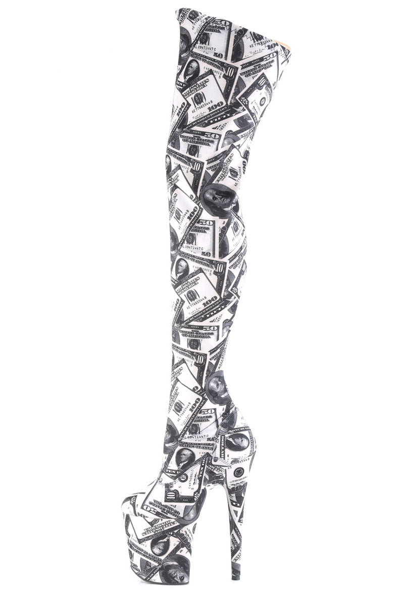 Pleaser USA Flamingo-3000DP 8inch Thigh High Pleaser Boots - Money Print