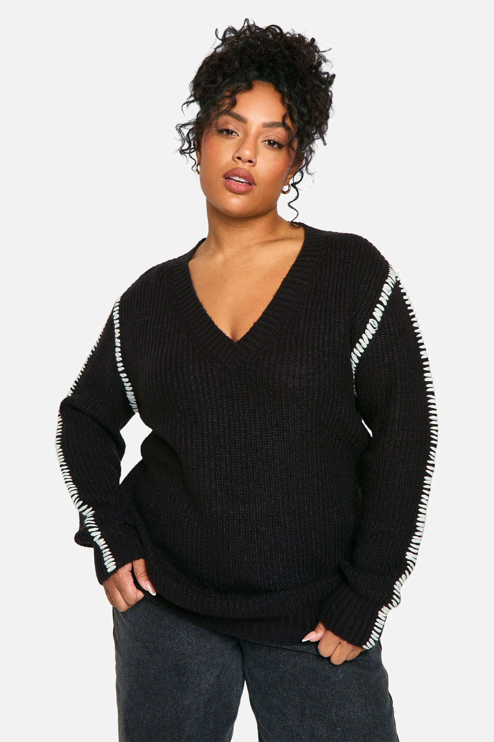 Plus Premium Contrast Trim V Neck Longline Sweater